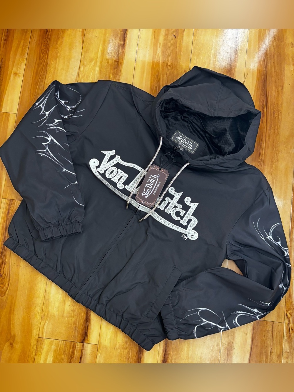 Von Dutch Black Hooded Windbreaker with White Logo and Flame Accents